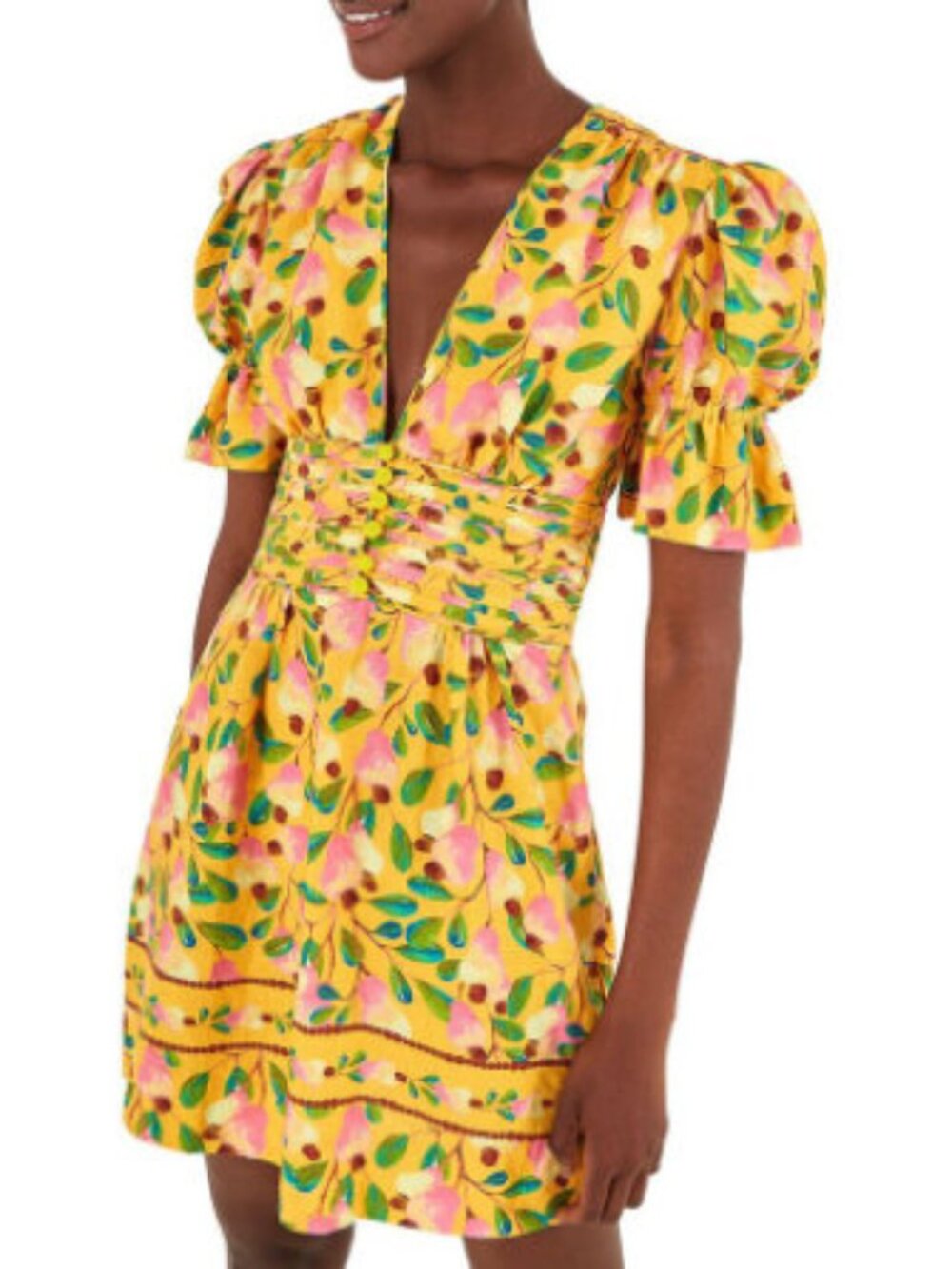 Farm Rio Cashew Mini Dress Linen-Blend Gold Green Pink Size XS